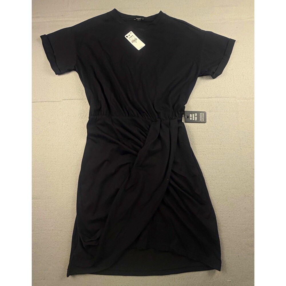 Express Black Solid Knit T-Shirt Dress Crew Neck Tie Waist Stretch XS